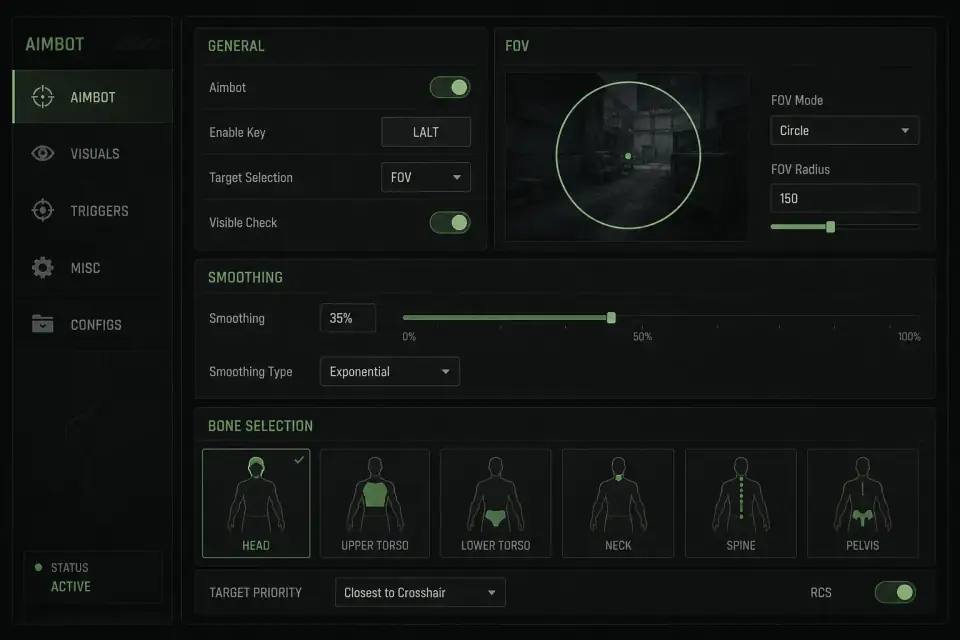 Bodycam aimbot menu illustrating heavy smoothing controls